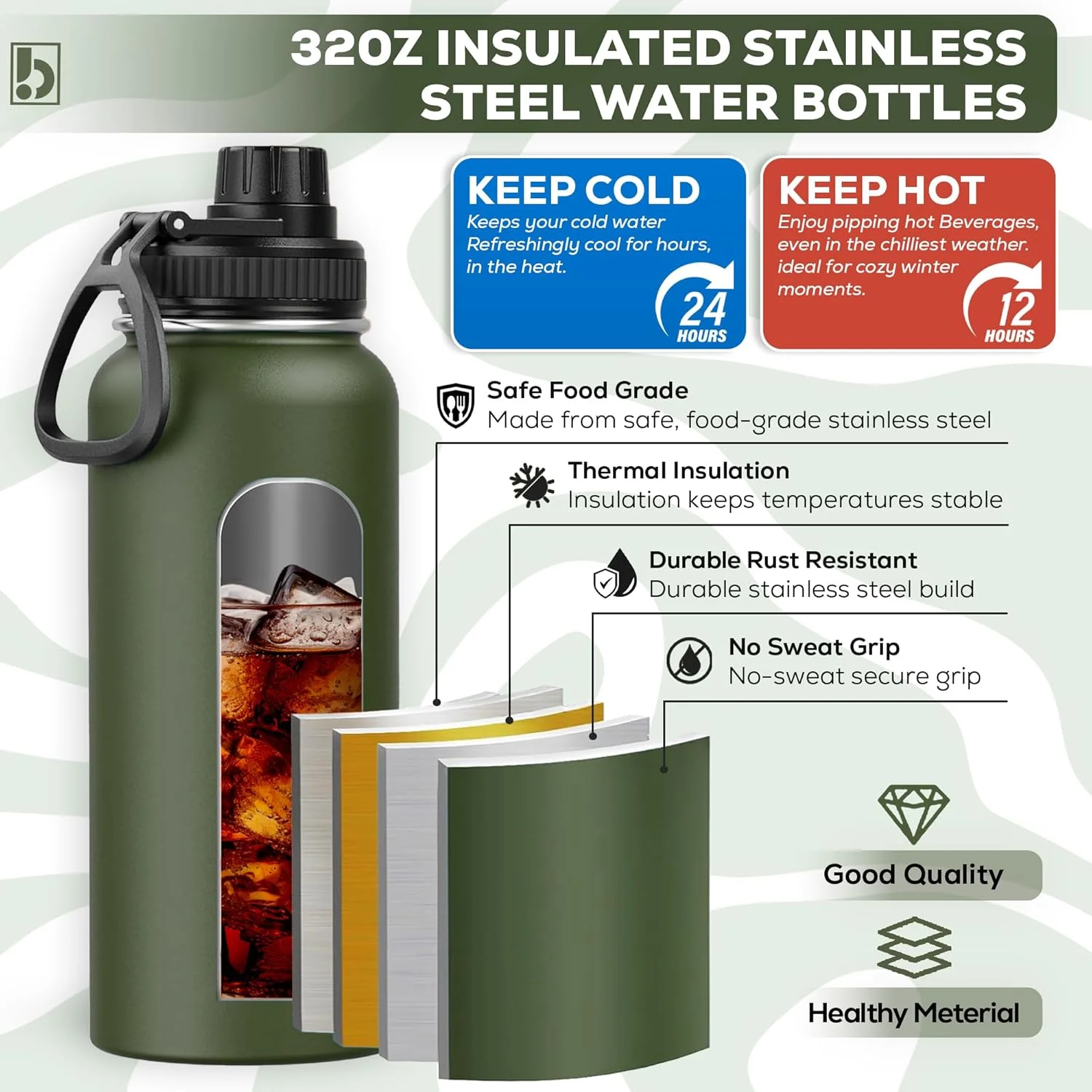 بطری آب بایآن، استیل ضد زنگ 18/8، فلاسک عایق خلاء دو جداره با درب نیدار دهانه پهن، قمقمه آب سرد و گرم برای ورزش، مسافرت، کودکان، مدرسه، باشگاه، دفتر (سبز ارتشی، 1000 میلیلیتر) بطری آب بایآن، استیل ضد زنگ 18/8، فلاسک عایق خلاء دو جداره با درب نیدار دهانه پهن، قمقمه آب سرد و گرم برای ورزش، مسافرت، کودکان، مدرسه، باشگاه، دفتر (سبز ارتشی، 1000 میلیلیتر)