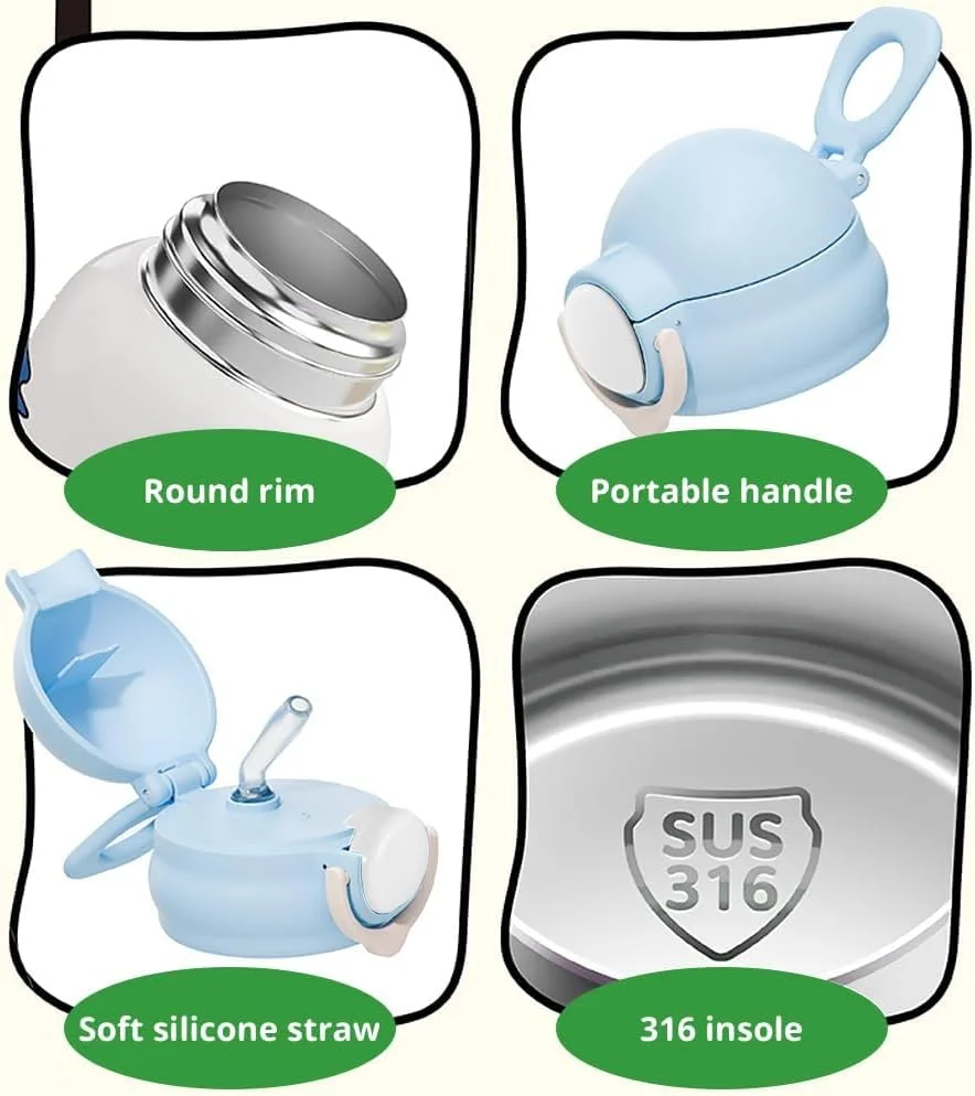 بطری آب عایق استیل ضد زنگ کودکانه BIGTHREE با نی، 500 میلی لیتر، ضد نشت، بدون BPA، بطری حرارتی قابل استفاده مجدد برای کودکان نوپا، پسران و دختران، شامل بند (سبز)