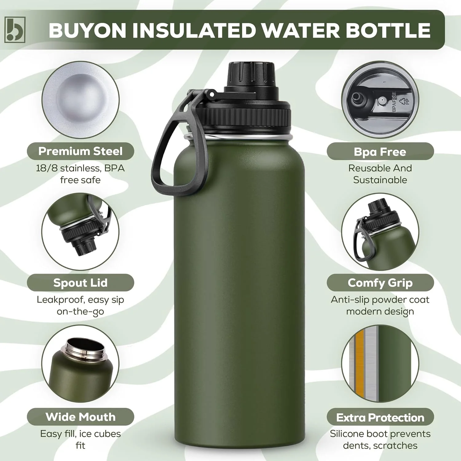 بطری آب بایآن، استیل ضد زنگ 18/8، فلاسک عایق خلاء دو جداره با درب نیدار دهانه پهن، قمقمه آب سرد و گرم برای ورزش، مسافرت، کودکان، مدرسه، باشگاه، دفتر (سبز ارتشی، 1000 میلیلیتر) بطری آب بایآن، استیل ضد زنگ 18/8، فلاسک عایق خلاء دو جداره با درب نیدار دهانه پهن، قمقمه آب سرد و گرم برای ورزش، مسافرت، کودکان، مدرسه، باشگاه، دفتر (سبز ارتشی، 1000 میلیلیتر)