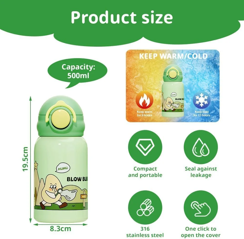 بطری آب عایق استیل ضد زنگ کودکانه BIGTHREE با نی، 500 میلی لیتر، ضد نشت، بدون BPA، بطری حرارتی قابل استفاده مجدد برای کودکان نوپا، پسران و دختران، شامل بند (سبز)