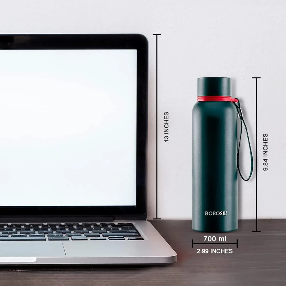بطری آب Borosil Hydra Trek، بطری های آب استیل ضد زنگ، فلاسک های عایق خلاء، 700 میلی لیتر، مشکی (مشکی)