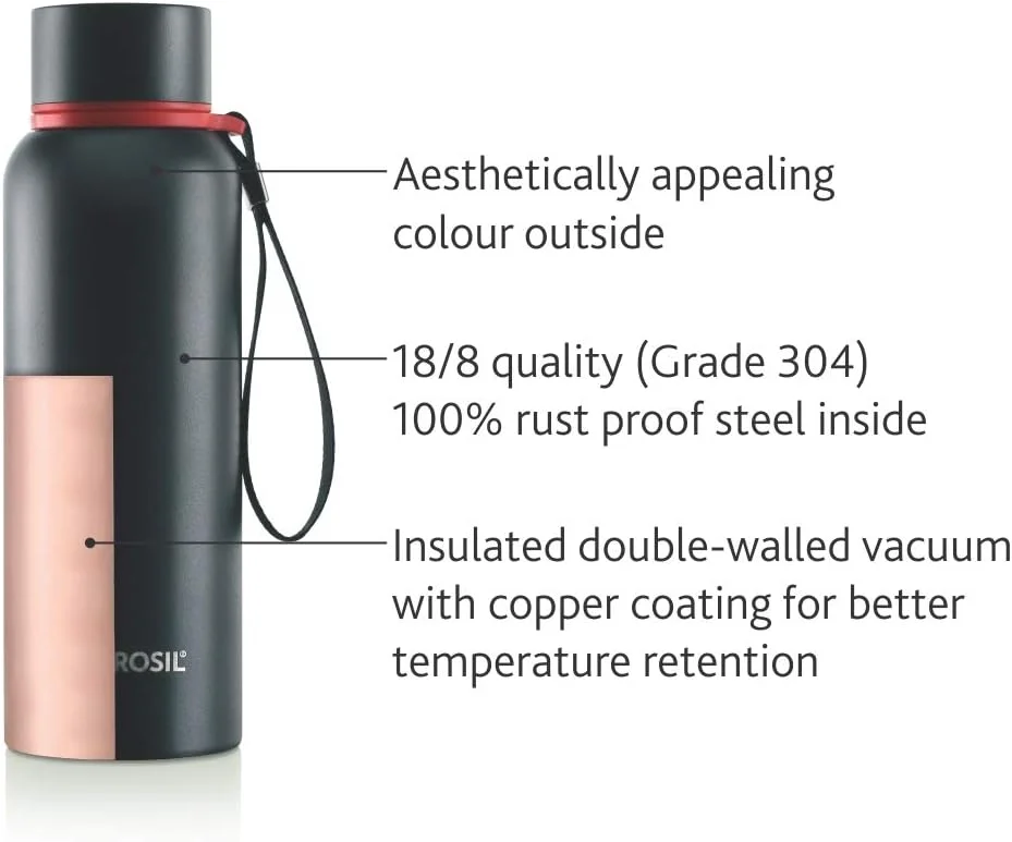 بطری آب Borosil Hydra Trek، بطری های آب استیل ضد زنگ، فلاسک های عایق خلاء، 700 میلی لیتر، مشکی (مشکی)