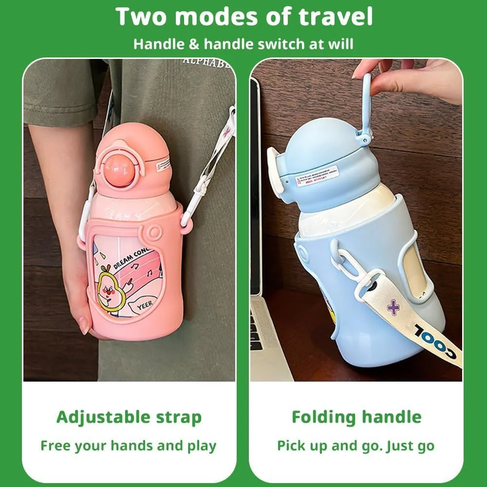 بطری آب عایق استیل ضد زنگ کودکانه BIGTHREE با نی، 500 میلی لیتر، ضد نشت، بدون BPA، بطری حرارتی قابل استفاده مجدد برای کودکان نوپا، پسران و دختران، شامل بند (سبز)