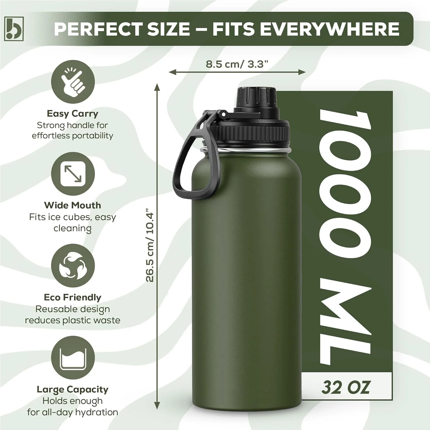 بطری آب بایآن، استیل ضد زنگ 18/8، فلاسک عایق خلاء دو جداره با درب نیدار دهانه پهن، قمقمه آب سرد و گرم برای ورزش، مسافرت، کودکان، مدرسه، باشگاه، دفتر (سبز ارتشی، 1000 میلیلیتر) بطری آب بایآن، استیل ضد زنگ 18/8، فلاسک عایق خلاء دو جداره با درب نیدار دهانه پهن، قمقمه آب سرد و گرم برای ورزش، مسافرت، کودکان، مدرسه، باشگاه، دفتر (سبز ارتشی، 1000 میلیلیتر)