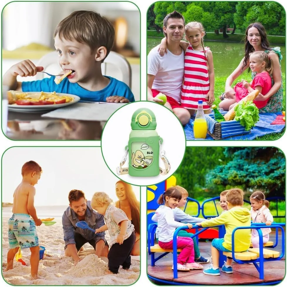 بطری آب عایق استیل ضد زنگ کودکانه BIGTHREE با نی، 500 میلی لیتر، ضد نشت، بدون BPA، بطری حرارتی قابل استفاده مجدد برای کودکان نوپا، پسران و دختران، شامل بند (سبز)