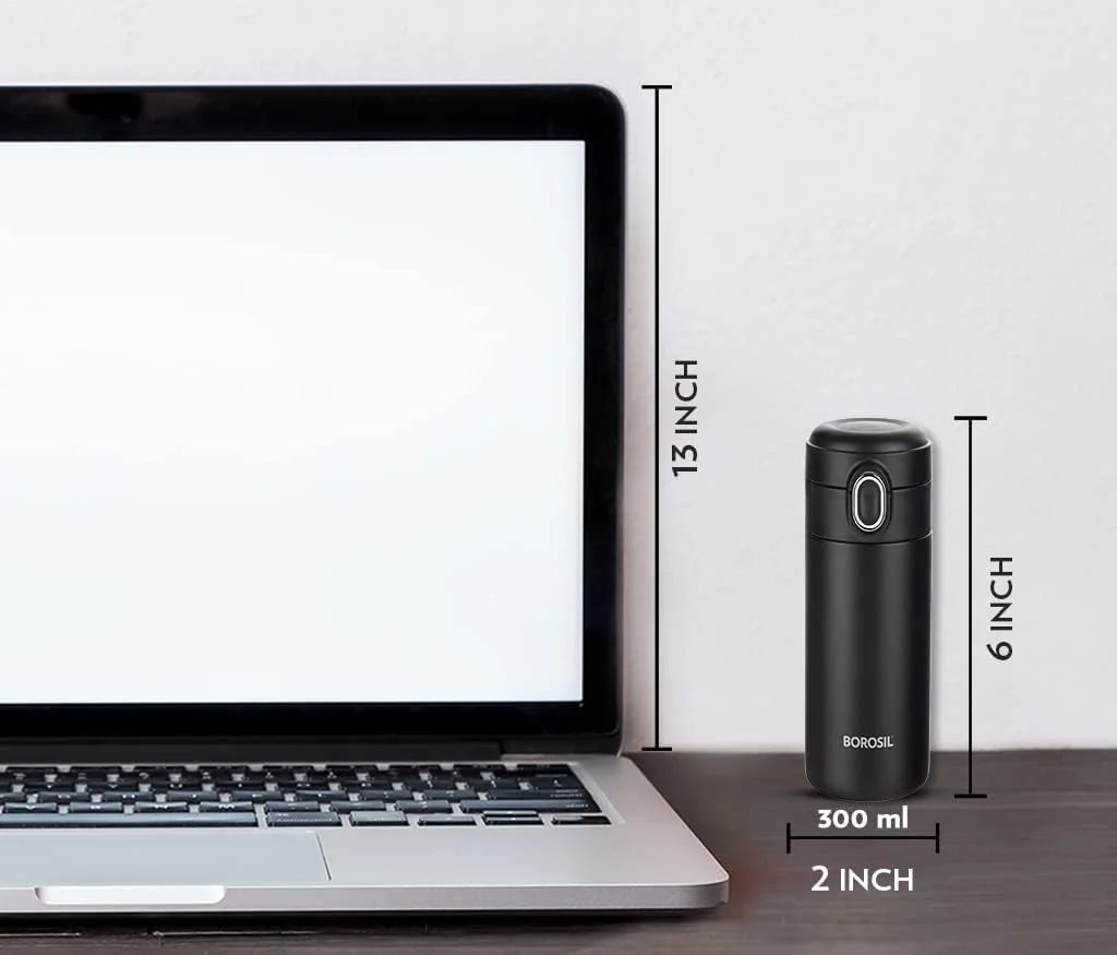 بطری آب استیل ضد زنگ ۳۰۰ میلی لیتری Borosil Traveller | فلاسک عایق خلاء دو جداره | ۱۰ ساعت گرم و سرد | ضد نشت، بدون BPA | بطری برای مدرسه، دفتر، دانشگاه و باشگاه