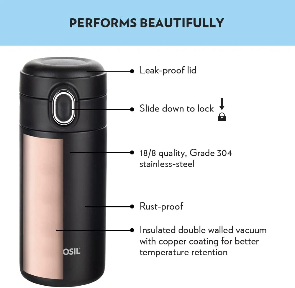 بطری آب استیل ضد زنگ ۳۰۰ میلی لیتری Borosil Traveller | فلاسک عایق خلاء دو جداره | ۱۰ ساعت گرم و سرد | ضد نشت، بدون BPA | بطری برای مدرسه، دفتر، دانشگاه و باشگاه