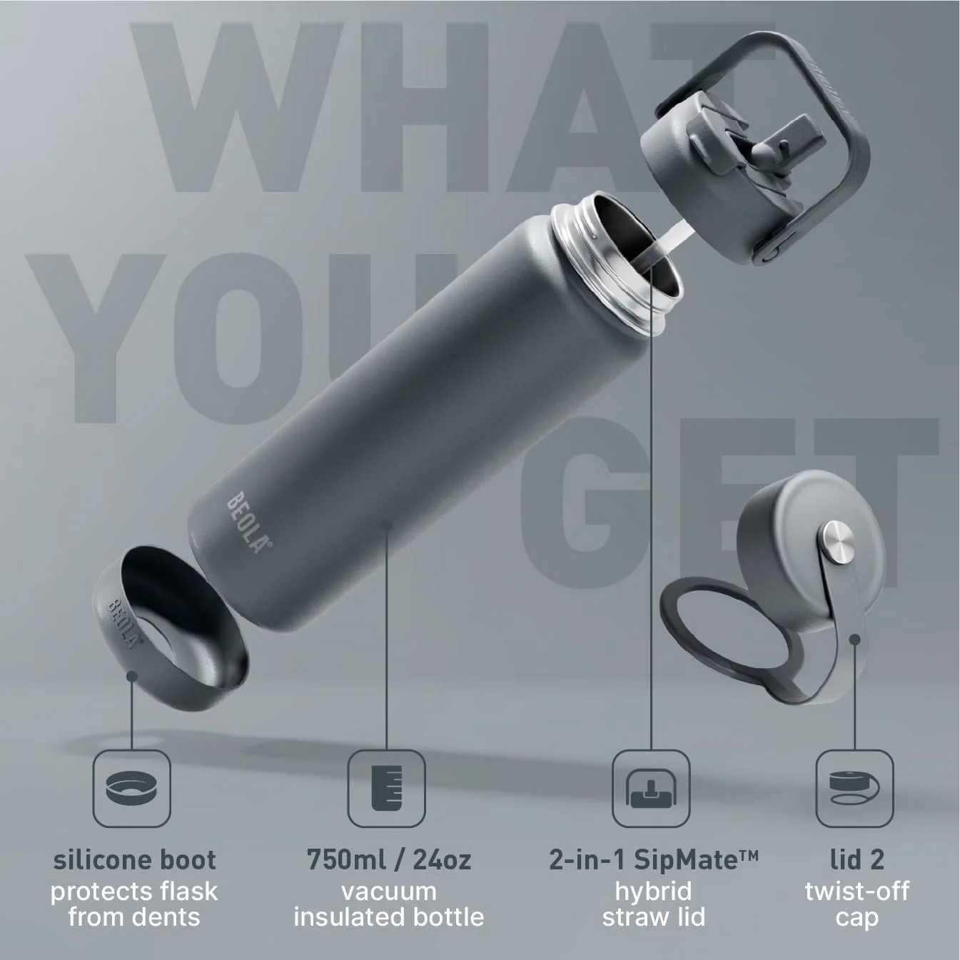 بطری آب 750 میلی لیتری BEOLA، استیل ضد زنگ 18/8، عایق دو جداره، فلاسک ترموس با درب نی دار و دهانه گشاد، دارای 2 درب، مناسب برای مایعات سرد و گرم، بطری ورزشی (خاکستری آتشفشانی) بطری آب 750 میلی لیتری BEOLA، استیل ضد زنگ 18/8، عایق دو جداره، فلاسک ترموس با درب نی دار و دهانه گشاد، دارای 2 درب، مناسب برای مایعات سرد و گرم، بطری ورزشی (خاکستری آتشفشانی)