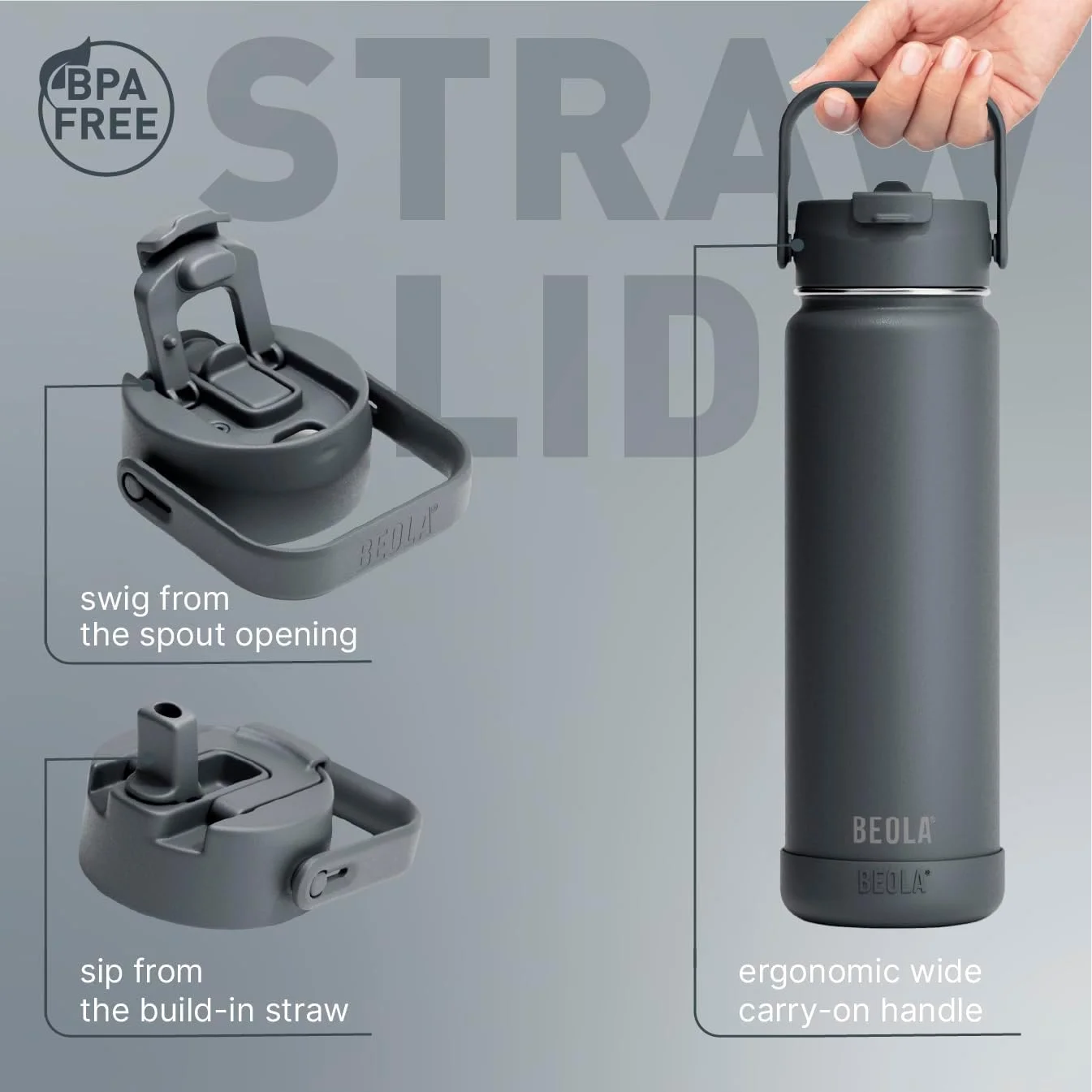 بطری آب 750 میلی لیتری BEOLA، استیل ضد زنگ 18/8، عایق دو جداره، فلاسک ترموس با درب نی دار و دهانه گشاد، دارای 2 درب، مناسب برای مایعات سرد و گرم، بطری ورزشی (خاکستری آتشفشانی) بطری آب 750 میلی لیتری BEOLA، استیل ضد زنگ 18/8، عایق دو جداره، فلاسک ترموس با درب نی دار و دهانه گشاد، دارای 2 درب، مناسب برای مایعات سرد و گرم، بطری ورزشی (خاکستری آتشفشانی)