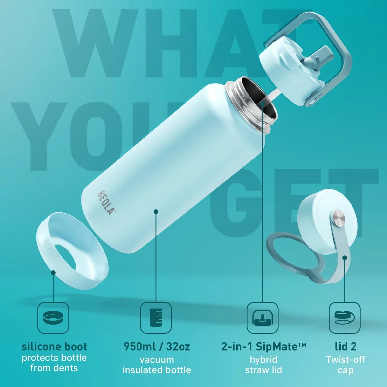 بطری آب 950 میلی لیتری BEOLA، فولاد ضد زنگ 18/8، بطری ترموس عایق بندی شده دو جداره 304 با درب نی دار و دهانه گشاد، دارای 2 درب، بطری ورزشی مایعات سرد و گرم، 32 اونس بطری آب 950 میلی لیتری BEOLA، فولاد ضد زنگ 18/8، بطری ترموس عایق بندی شده دو جداره 304 با درب نی دار و دهانه گشاد، دارای 2 درب، بطری ورزشی مایعات سرد و گرم، 32 اونس