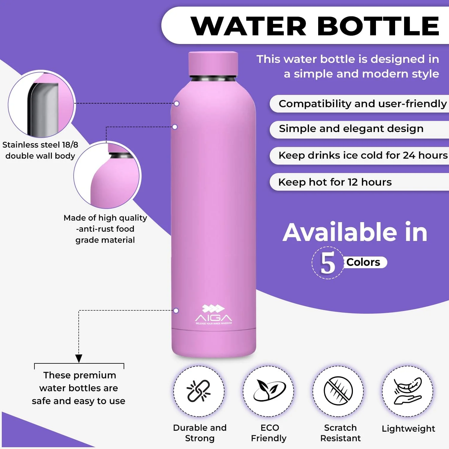 بطری آب عایق دوجداره استیل AIGA با ظرفیت 750 میلی لیتر - ایده آل برای نوشیدنی های گرم و سرد - مناسب برای کودکان و باشگاه - قمقمه مدرسه، (بنفش) بطری آب عایق دوجداره استیل AIGA با ظرفیت 750 میلی لیتر - ایده آل برای نوشیدنی های گرم و سرد - مناسب برای کودکان و باشگاه - قمقمه مدرسه، (بنفش)