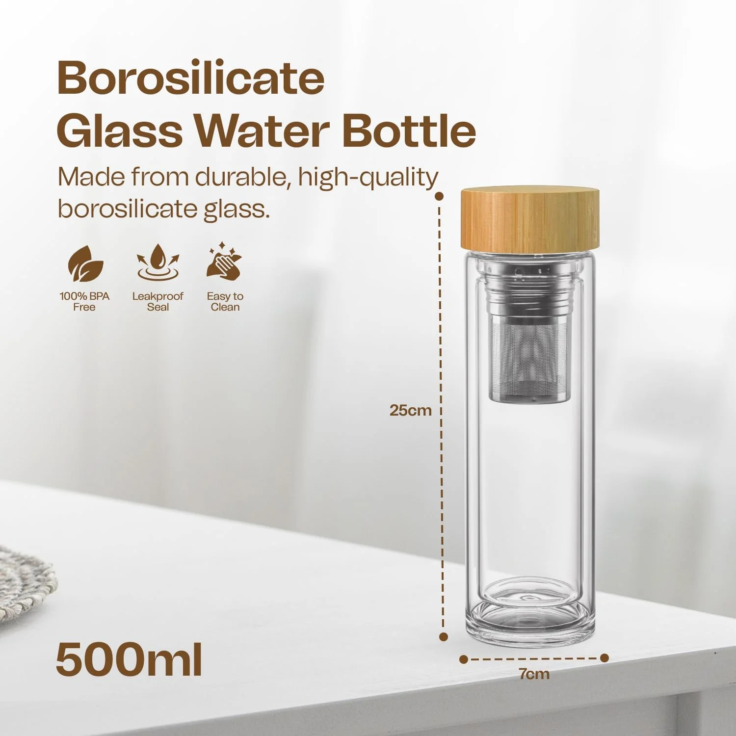 بطری شیشه ای بوروسیلیکات THE ABM با صافی و دم کننده - بطری آب عایق دو جداره برای چای برگ، دمنوش میوه و قهوه، فاقد BPA، درب بامبو - بادوام، شیک و مقاوم در برابر نشت بطری شیشه ای بوروسیلیکات THE ABM با صافی و دم کننده - بطری آب عایق دو جداره برای چای برگ، دمنوش میوه و قهوه، فاقد BPA، درب بامبو - بادوام، شیک و مقاوم در برابر نشت