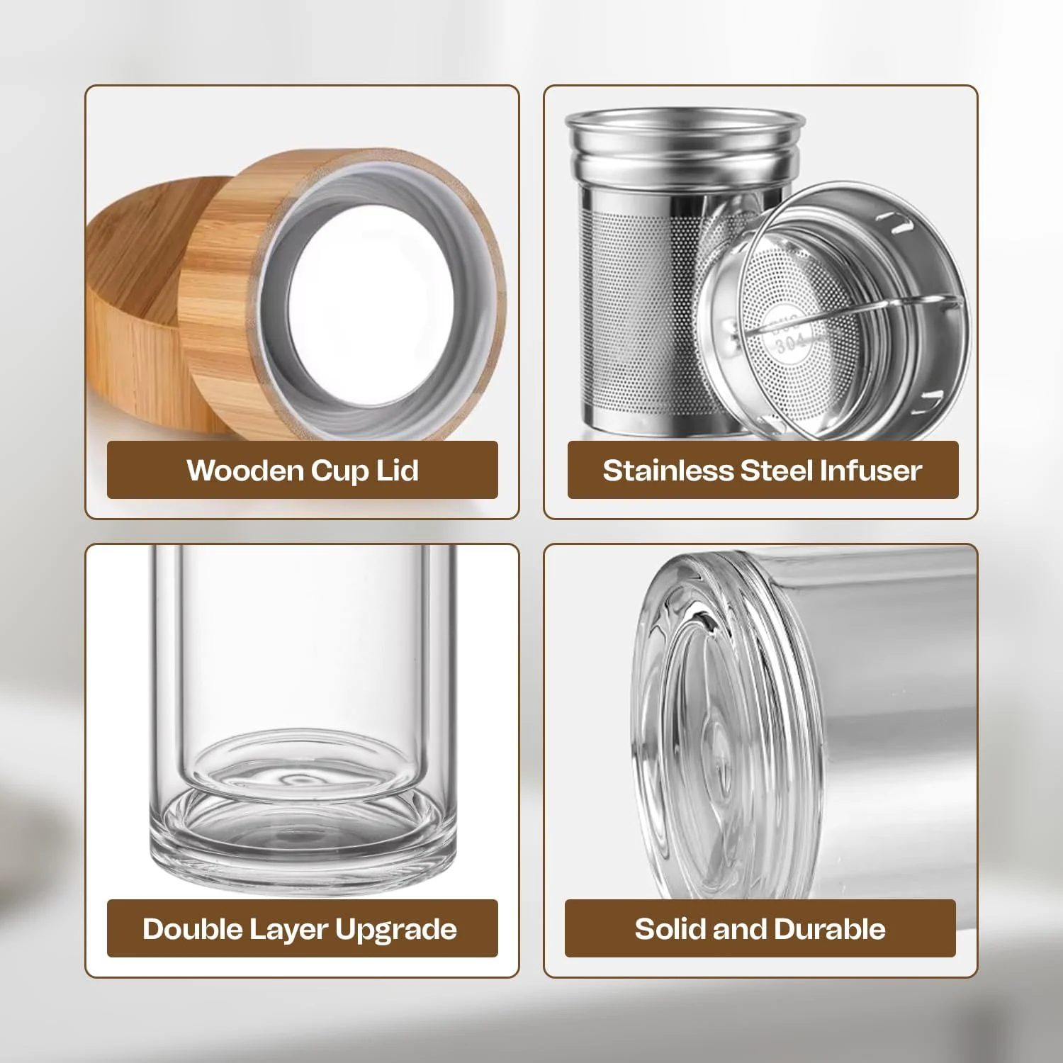 بطری شیشه ای بوروسیلیکات ABM با صافی و دم کننده - بطری آب عایق دو جداره برای چای برگ، دم کرده میوه و قهوه، فاقد BPA، درب بامبو - بادوام، شیک و مقاوم در برابر نشت بطری شیشه ای بوروسیلیکات ABM با صافی و دم کننده - بطری آب عایق دو جداره برای چای برگ، دم کرده میوه و قهوه، فاقد BPA، درب بامبو - بادوام، شیک و مقاوم در برابر نشت