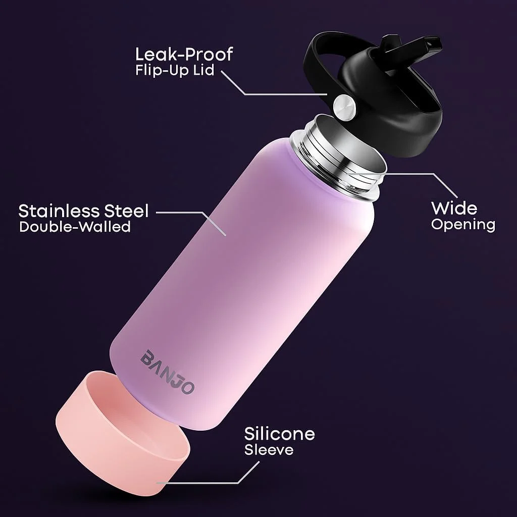بطری آب استیل ضد زنگ عایق بندی شده بنجو 32oz - فلاسک خلاء دو جداره، ضد نشت، مناسب برای نوشیدنی های گرم و سرد، مسافرت، باشگاه، پیاده روی و استفاده در فضای باز (صورتی)