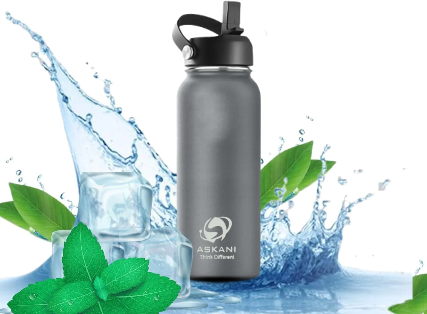 بطری آب استیل ضد زنگ عایق خلاء آسکانِی، درب ضد نشت 2 در 1 نی و جرعه نوش، بادوام و شیک برای مسافرت باشگاه و دفتر، فلاسک حرارتی نوشیدنی ها را گرم و سرد نگه می دارد، 750 میلی لیتر، (خاکستری)