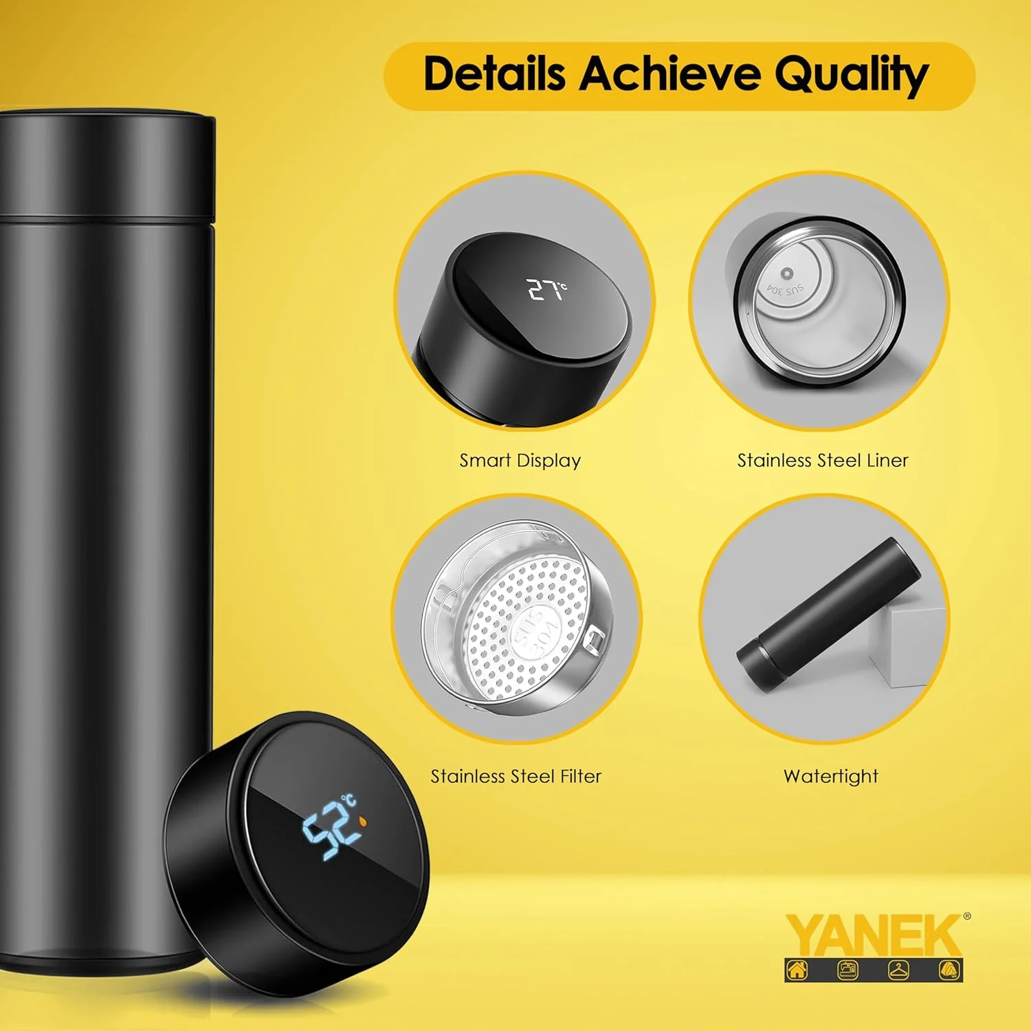 بطری آب هوشمند یانک استیل ضد زنگ - ماگ مسافرتی با صفحه نمایش لمسی ال سی دی هوشمند دما، ضد نشت، فلاسک نوشیدنی گرم و سرد، ایده آل برای مسافرت، باشگاه، دفتر و استفاده روزانه (مشکی) بطری آب هوشمند یانک استیل ضد زنگ - ماگ مسافرتی با صفحه نمایش لمسی ال سی دی هوشمند دما، ضد نشت، فلاسک نوشیدنی گرم و سرد، ایده آل برای مسافرت، باشگاه، دفتر و استفاده روزانه (مشکی)