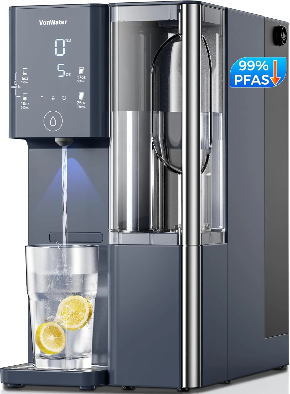 سیستم فیلتر آب اسمز معکوس رومیزی 7 مرحله ای VonWater، 528 گالن فیلتراسیون آب RO با پارچ قابل حمل، NSF/ANSI 372,53، کاهش TDS PFAS، 5 تنظیمات حجم، نسبت پساب به آب خالص 3:1 مدل CT910