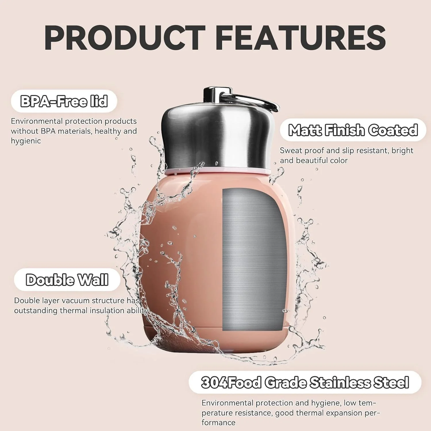 بطری آب عایق کوچک Azonee، بطری آب استیل ضد زنگ 200 میلی لیتر/7 اونس، قمقمه کوچک قابل حمل، فنجان خلاء برای پسران، دختران، مدرسه، دفتر، کمپینگ، ترمو ورزشی کوچک (صورتی هلویی) بطری آب عایق کوچک Azonee، بطری آب استیل ضد زنگ 200 میلی لیتر/7 اونس، قمقمه کوچک قابل حمل، فنجان خلاء برای پسران، دختران، مدرسه، دفتر، کمپینگ، ترمو ورزشی کوچک (صورتی هلویی)