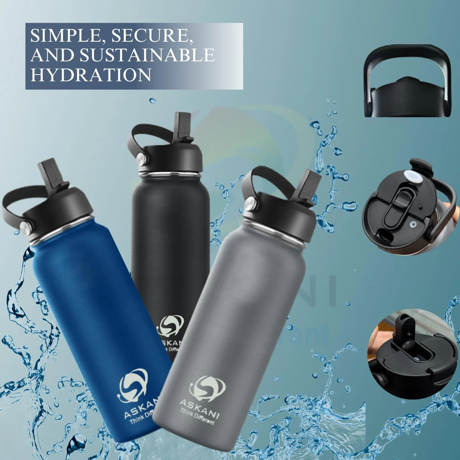 بطری آب استیل ضد زنگ عایق خلاء آسکانِی، درب ضد نشت 2 در 1 نی و جرعه نوش، بادوام و شیک برای مسافرت باشگاه و دفتر، فلاسک حرارتی نوشیدنی ها را گرم و سرد نگه می دارد، 750 میلی لیتر، (خاکستری)