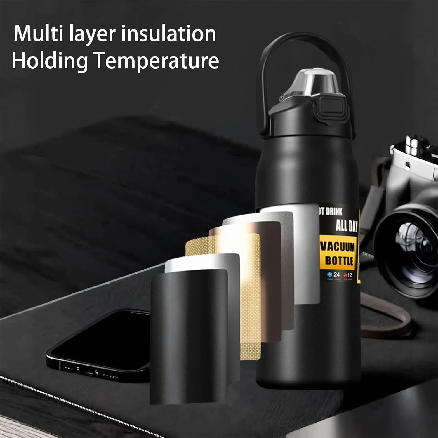 بطری آب ورزشی عایق خلاء بزرگ AccLoo با ظرفیت 1500 میلی لیتر، فلاسک استیل ضد زنگ با درب دو منظوره، قمقمه بادوام و ضد نشت برای کمپینگ، پیاده روی و باشگاه