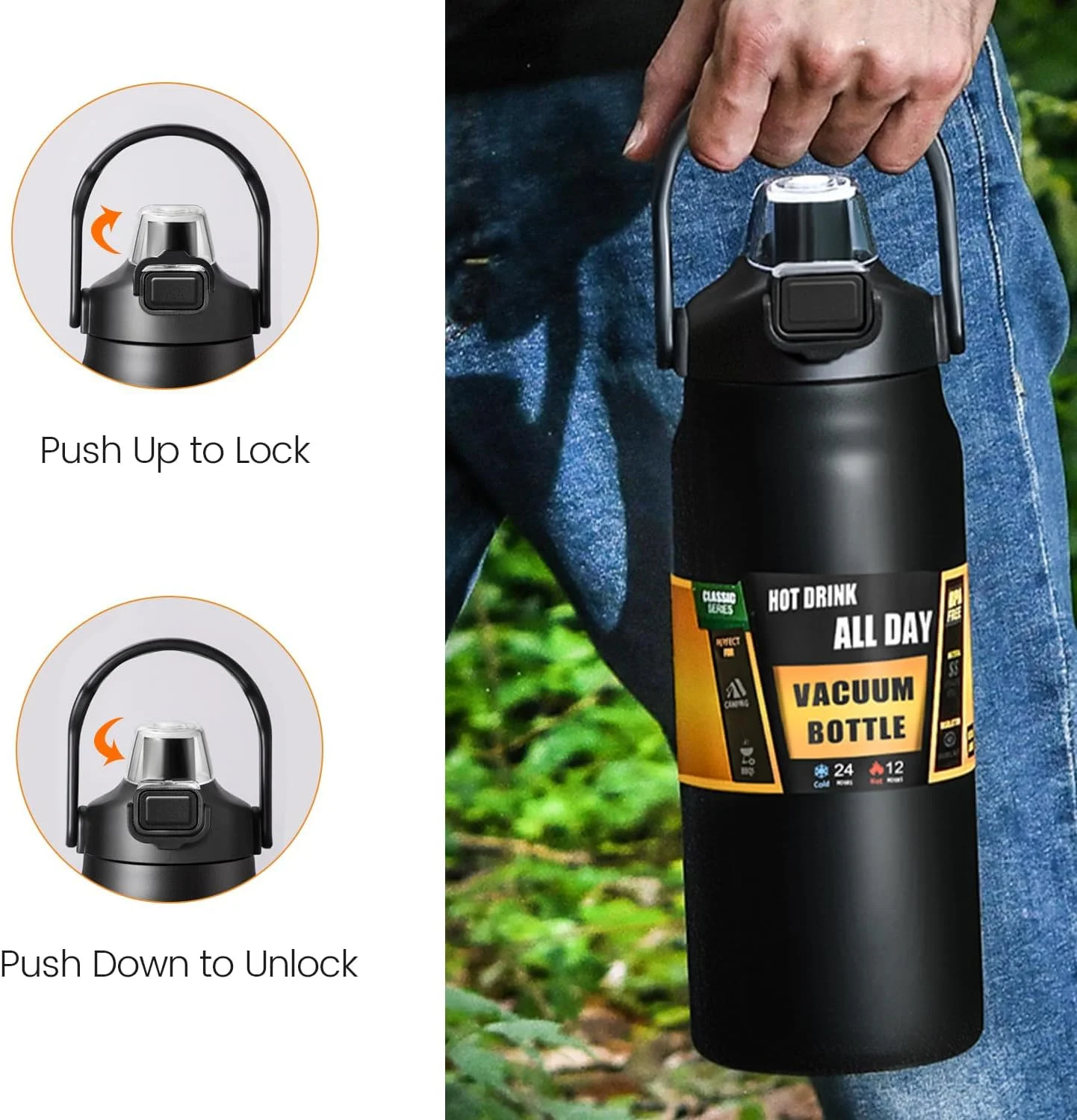 بطری آب ورزشی عایق خلاء بزرگ AccLoo با ظرفیت 1500 میلی لیتر، فلاسک استیل ضد زنگ با درب دو منظوره، قمقمه بادوام و ضد نشت برای کمپینگ، پیاده روی و باشگاه