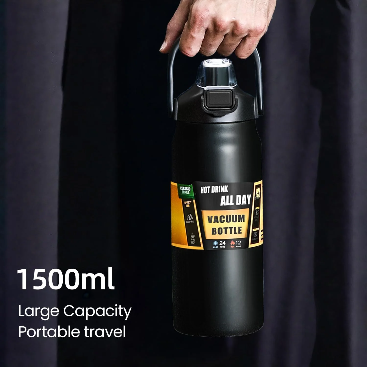 بطری آب ورزشی عایق خلاء بزرگ AccLoo با ظرفیت 1500 میلی لیتر، فلاسک استیل ضد زنگ با درب دو منظوره، قمقمه بادوام و ضد نشت برای کمپینگ، پیاده روی و باشگاه