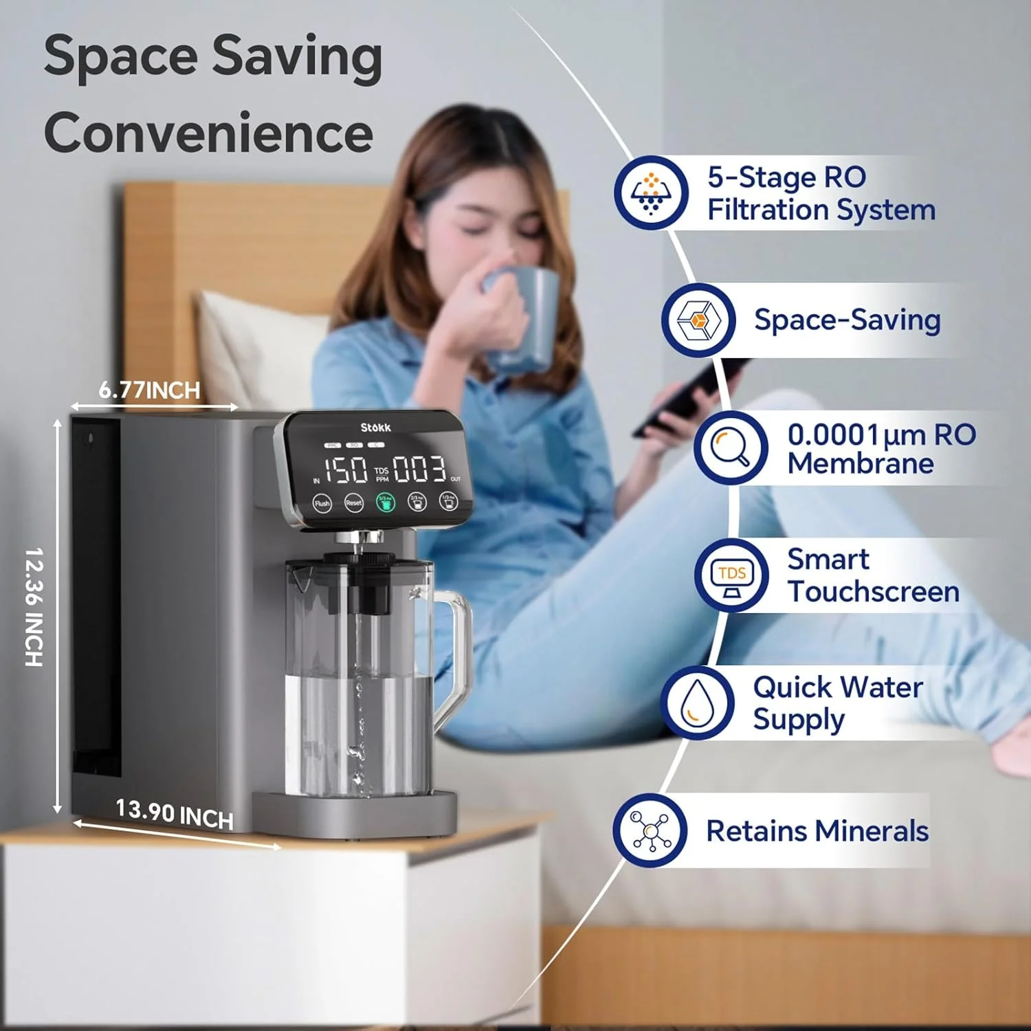 دستگاه تصفیه آب اسمز معکوس رومیزی Stokk E1، سیستم تصفیه آب 5 مرحله ای RO، دارای گواهینامه NSF/ANSI 58، کاهش دهنده کلر و طعم نامطبوع PFAS، دستگاه تصفیه آب قابل حمل بدون نیاز به نصب برای خانه و محل کار دستگاه تصفیه آب اسمز معکوس رومیزی Stokk E1، سیستم تصفیه آب 5 مرحله ای RO، دارای گواهینامه NSF/ANSI 58، کاهش دهنده کلر و طعم نامطبوع PFAS، دستگاه تصفیه آب قابل حمل بدون نیاز به نصب برای خانه و محل کار