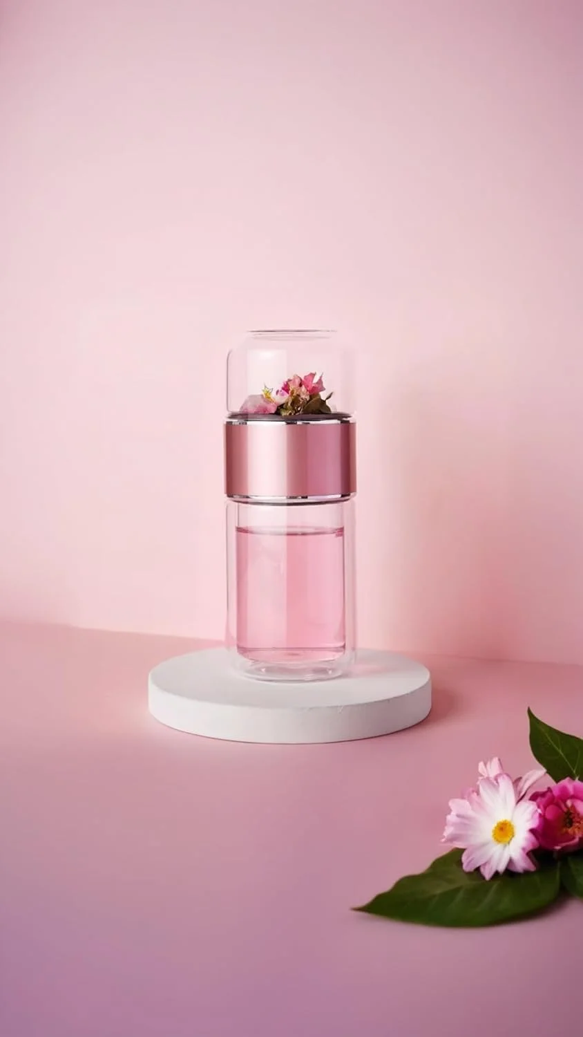 ماگ سفری شیشه ای دوجداره 350 میلی لیتری Sweet seven® با فیلتر استیل ضد زنگ، قمقمه قابل حمل ضد نشت، فنجان جداکننده آب چای رزگلد زیبا، نوشیدنی همه منظوره