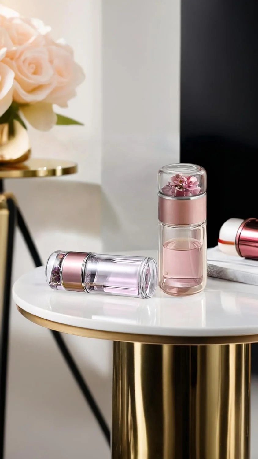 ماگ سفری شیشه ای دوجداره 350 میلی لیتری Sweet seven® با فیلتر استیل ضد زنگ، قمقمه قابل حمل ضد نشت، فنجان جداکننده آب چای رزگلد زیبا، نوشیدنی همه منظوره