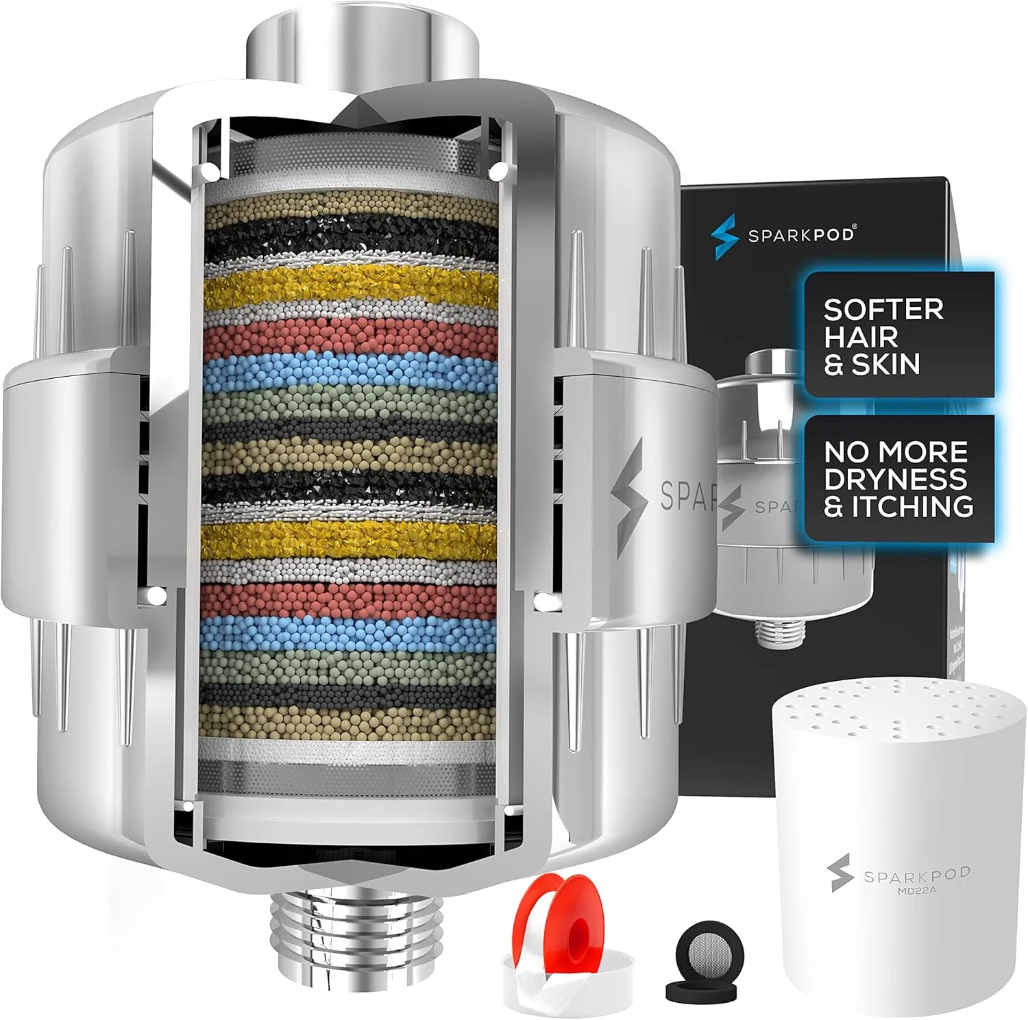 فیلتر دوش SparkPod برای کاهش کلر، آلودگی و بو از آب دوش - توصیه شده برای افراد دارای پوست خشک و خارش دار، اگزما و شوره سر (1 کارتریج با کپسول) (کروم)