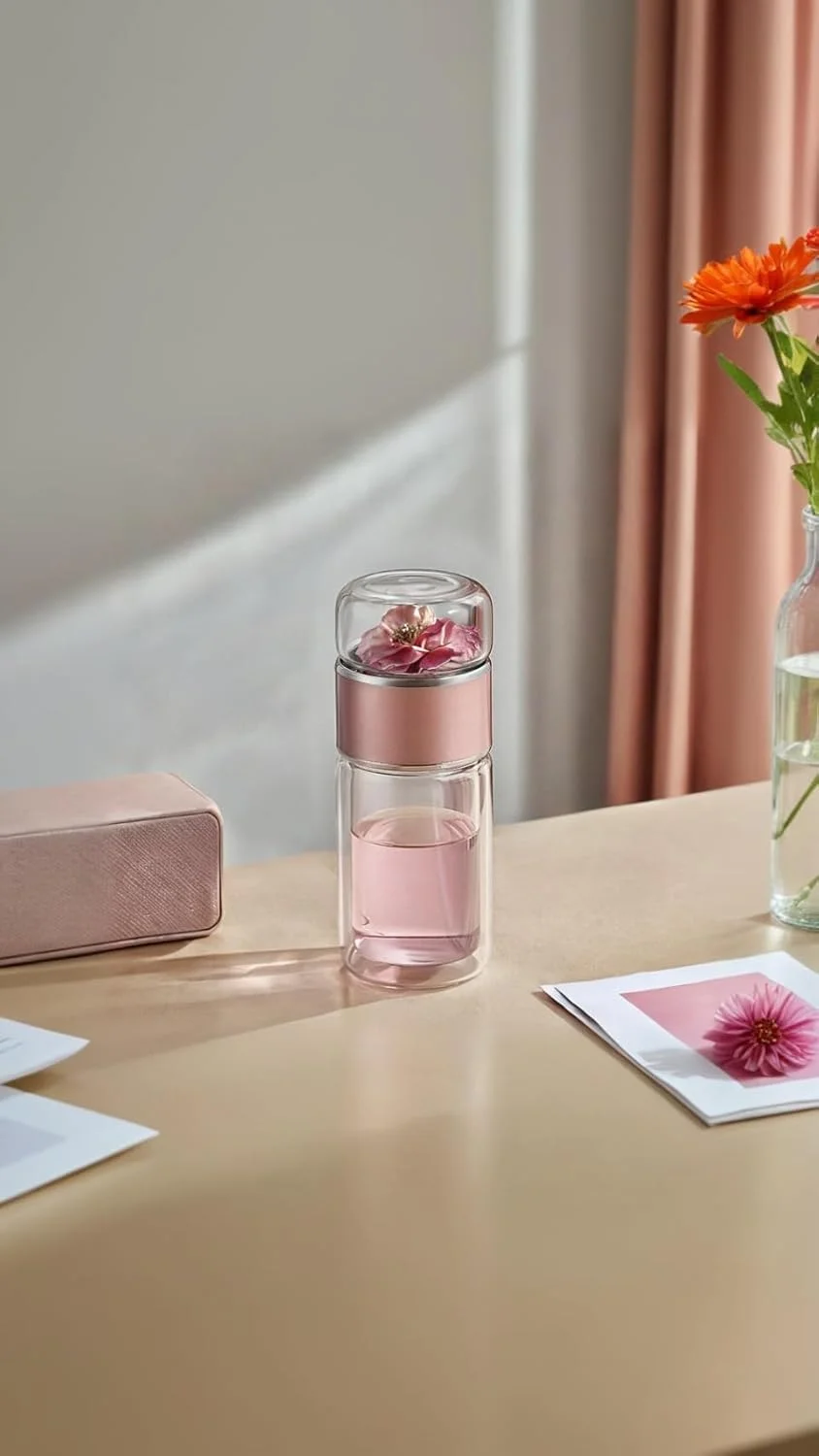 ماگ سفری شیشه ای دوجداره 350 میلی لیتری Sweet seven® با فیلتر استیل ضد زنگ، قمقمه قابل حمل ضد نشت، فنجان جداکننده آب چای رزگلد زیبا، نوشیدنی همه منظوره