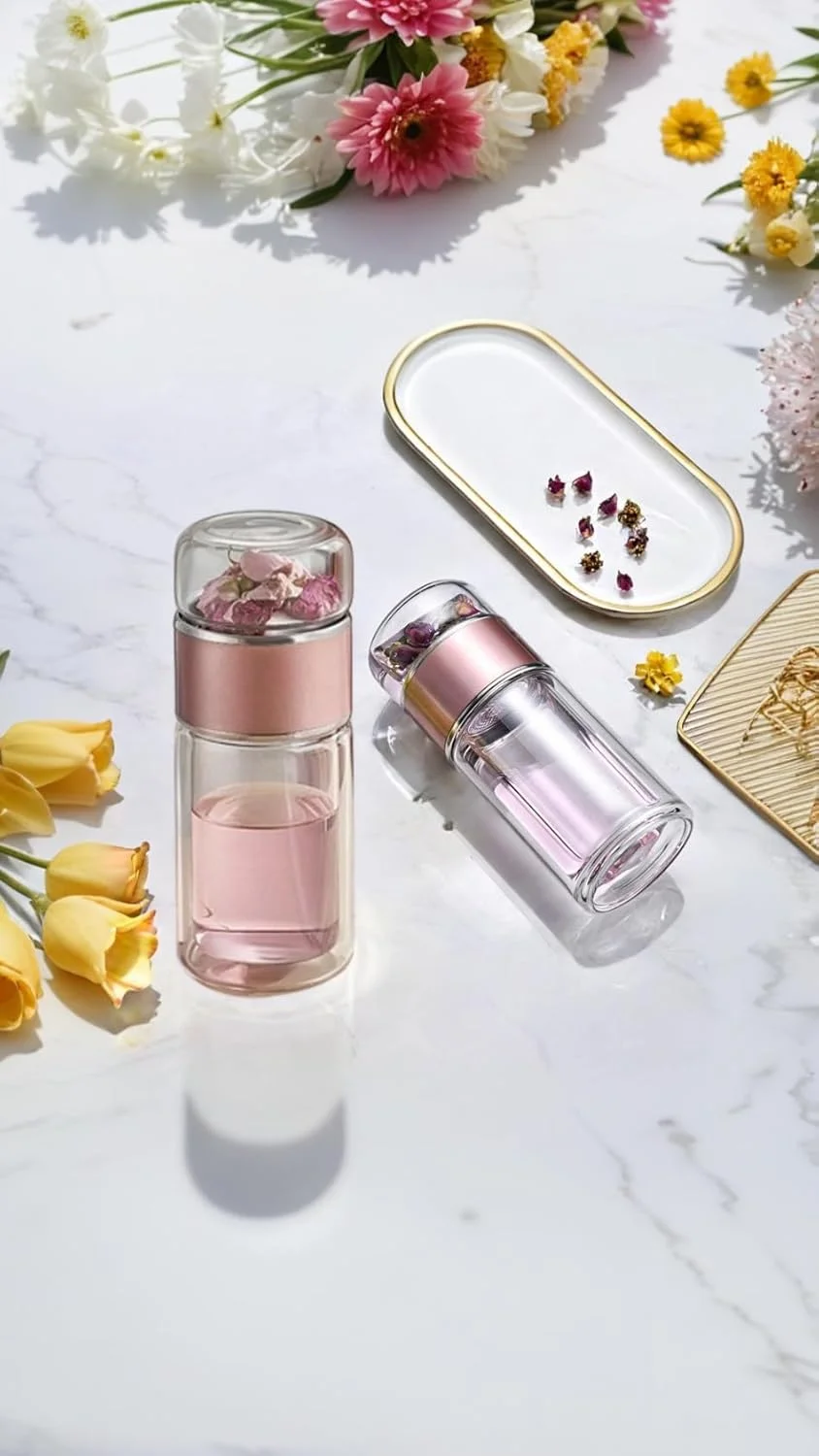 ماگ سفری شیشه ای دوجداره 350 میلی لیتری Sweet seven® با فیلتر استیل ضد زنگ، قمقمه قابل حمل ضد نشت، فنجان جداکننده آب چای رزگلد زیبا، نوشیدنی همه منظوره