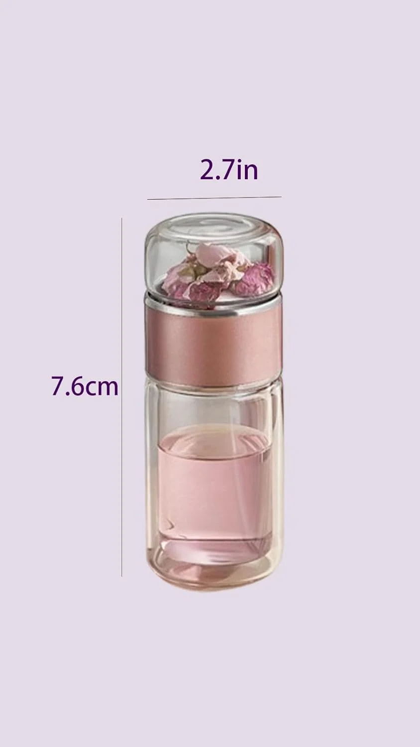 ماگ سفری شیشه ای دوجداره 350 میلی لیتری Sweet seven® با فیلتر استیل ضد زنگ، قمقمه قابل حمل ضد نشت، فنجان جداکننده آب چای رزگلد زیبا، نوشیدنی همه منظوره