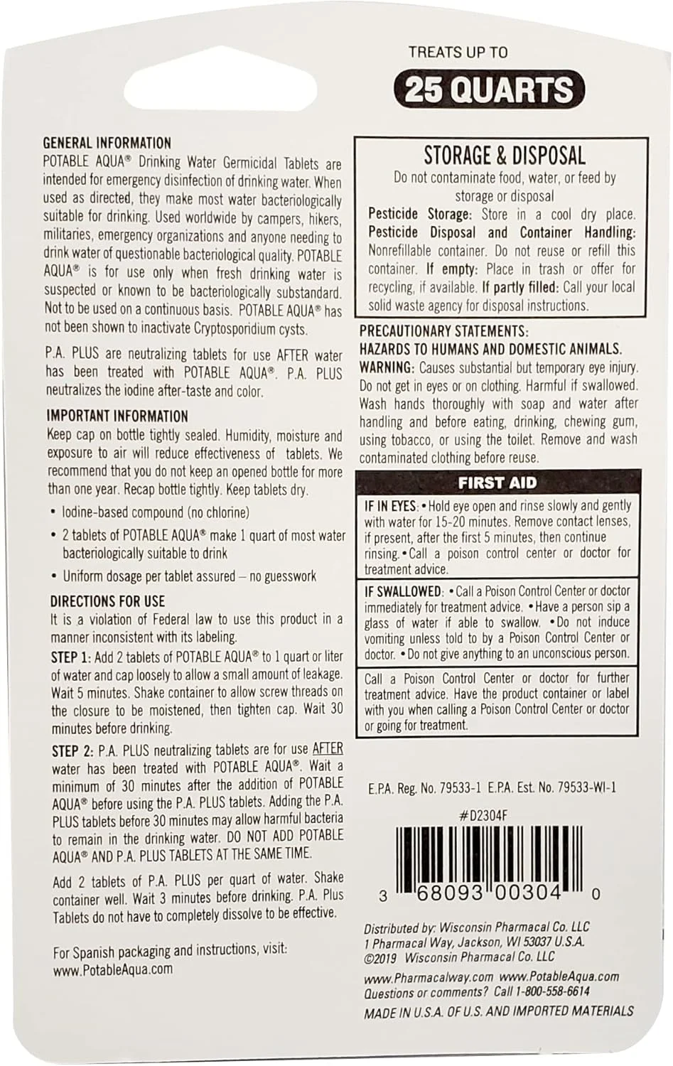 قرص های تصفیه آب Potable Aqua با PA Plus، راه حل قابل حمل و موثر برای کمپینگ، پیاده روی، شرایط اضطراری، بلایای طبیعی و سفرهای بین المللی، دو بطری 50 عددی