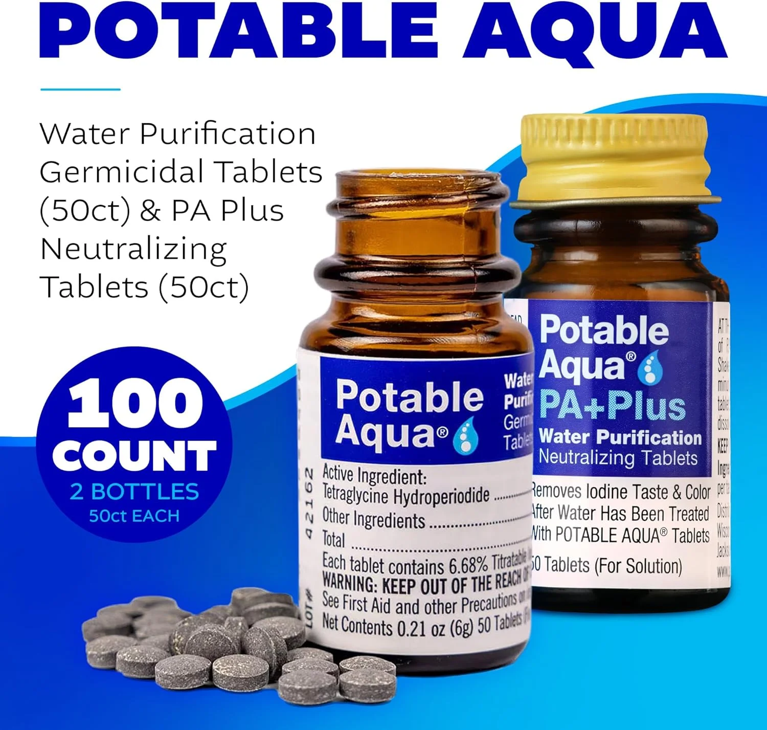قرص های تصفیه آب Potable Aqua با PA Plus، راه حل قابل حمل و موثر برای کمپینگ، پیاده روی، شرایط اضطراری، بلایای طبیعی و سفرهای بین المللی، دو بطری 50 عددی