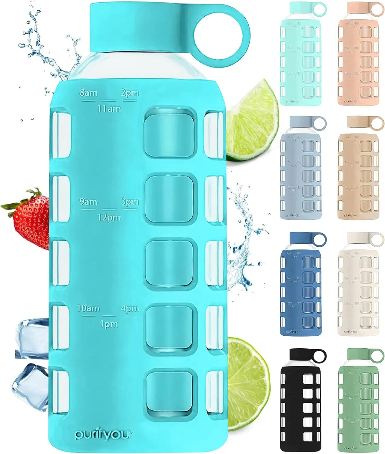 بطری آب شیشه ای پریمیوم purifyou با حجم 40/32/22/12 اونس، دارای نشانگر زمان نوشیدن و حجم، روکش سیلیکونی و درب استیل ضد زنگ، قابل استفاده مجدد برای آب یخچال، شیر، آب میوه (آبی فیروزه ای، 22 اونس) بطری آب شیشه ای پریمیوم purifyou با حجم 40/32/22/12 اونس، دارای نشانگر زمان نوشیدن و حجم، روکش سیلیکونی و درب استیل ضد زنگ، قابل استفاده مجدد برای آب یخچال، شیر، آب میوه (آبی فیروزه ای، 22 اونس)