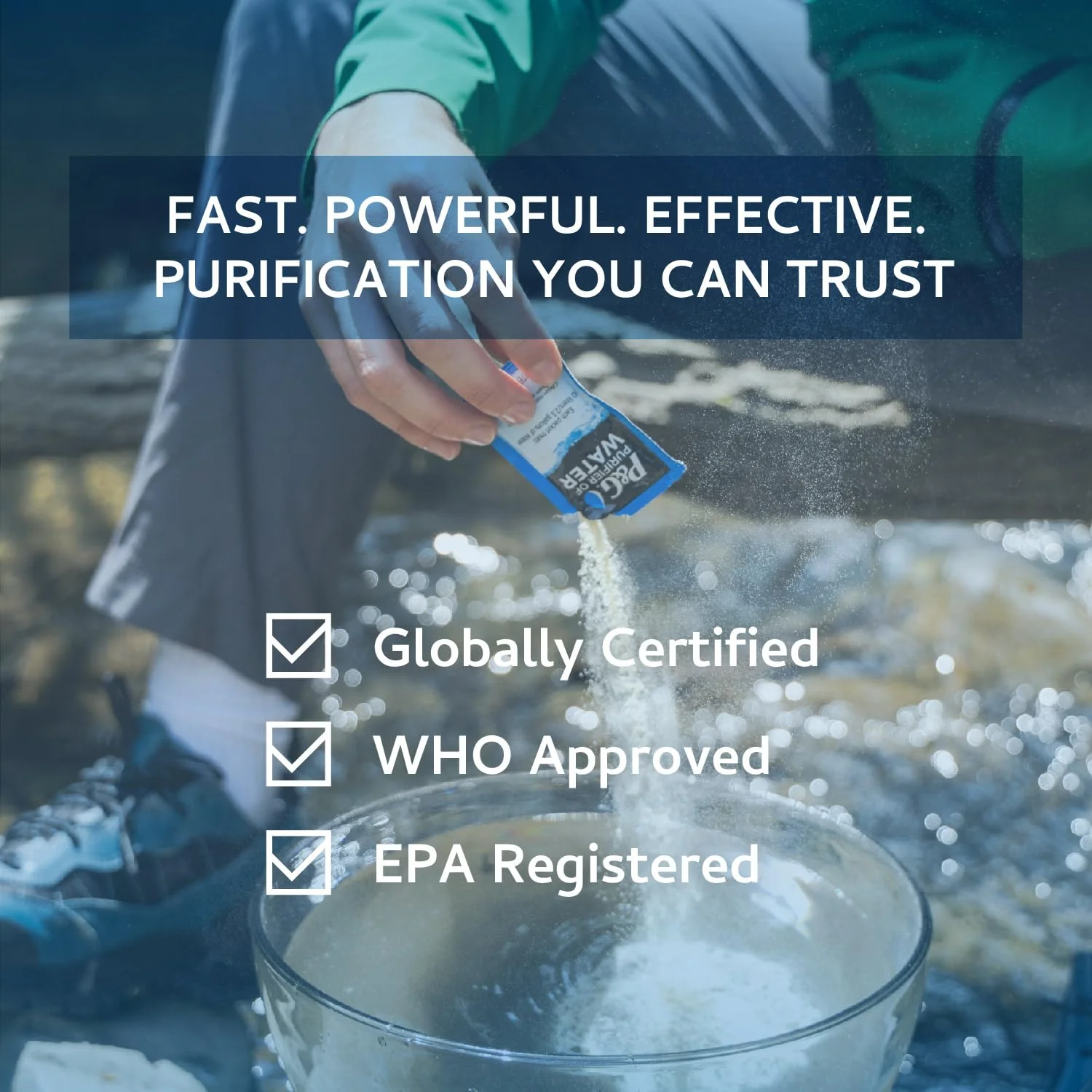 پودر تصفیه آب قابل حمل P&G. بسته های پودر تصفیه آب اضطراری برای کمپینگ، پیاده روی، کوله گردی، شکار و مسافرت. (بسته 4 عددی)