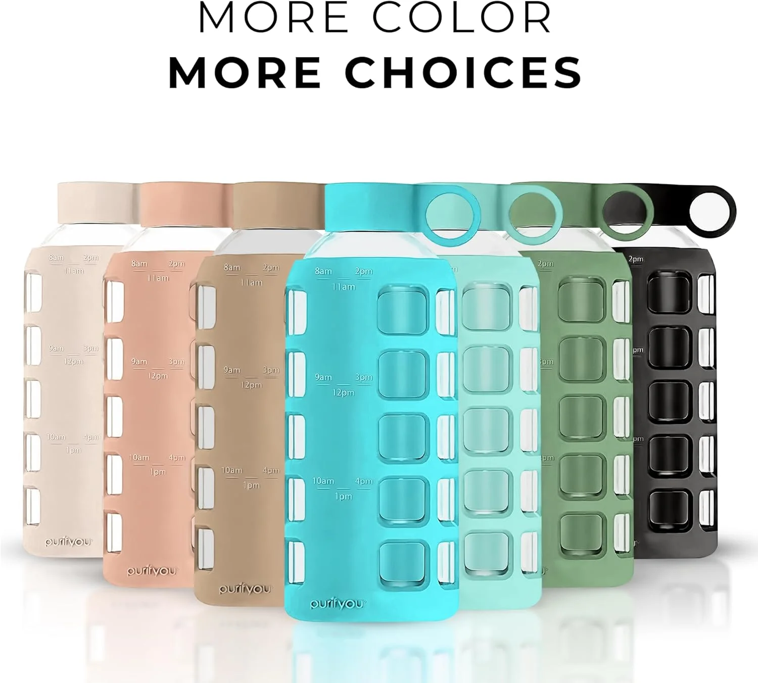 بطری آب شیشه ای پریمیوم purifyou با حجم 40/32/22/12 اونس، دارای نشانگر زمان نوشیدن و حجم، روکش سیلیکونی و درب استیل ضد زنگ، قابل استفاده مجدد برای آب یخچال، شیر، آب میوه (آبی فیروزه ای، 22 اونس)