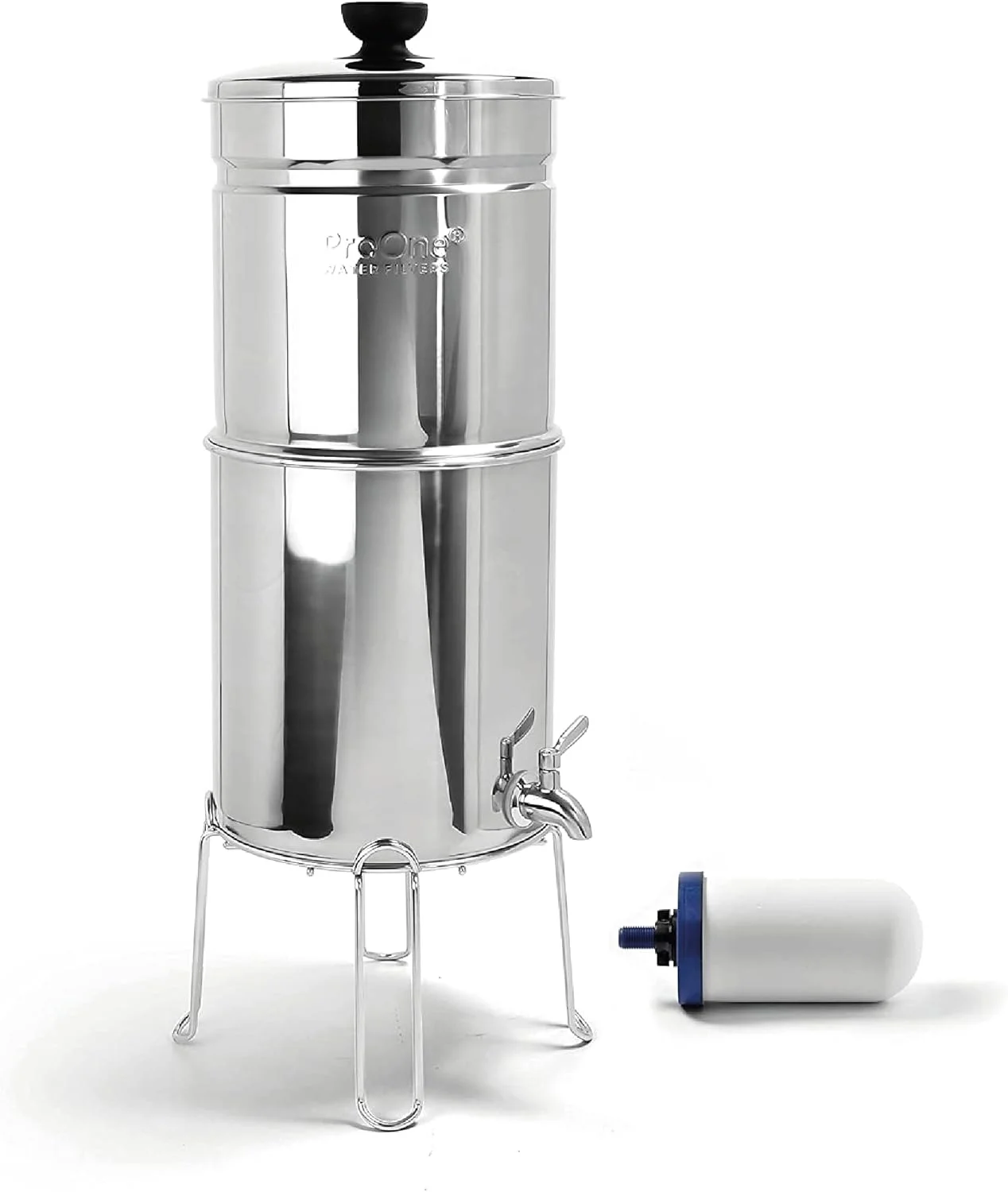 سیستم فیلتر آب جاذبه ای رومیزی ProOne Traveler+ استیل ضد زنگ براق با فیلتر 5 اینچی و پایه سیمی - حذف فلوراید سرب کلر میکروپلاستیک