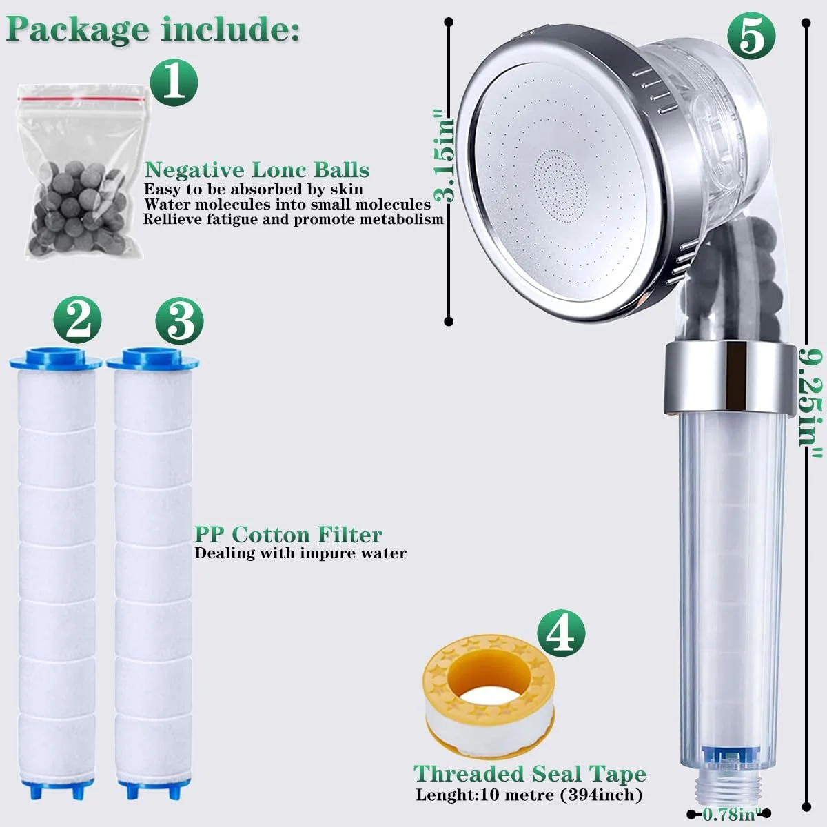 سردوش فیلتردار پنبه ای PUJANE PP، سردوش دستی یونی فشار قوی 3 حالته، سردوش فیلتردار صرفه جویی در آب، فیلتر پنبه ای اضافی و سنگ های یونی