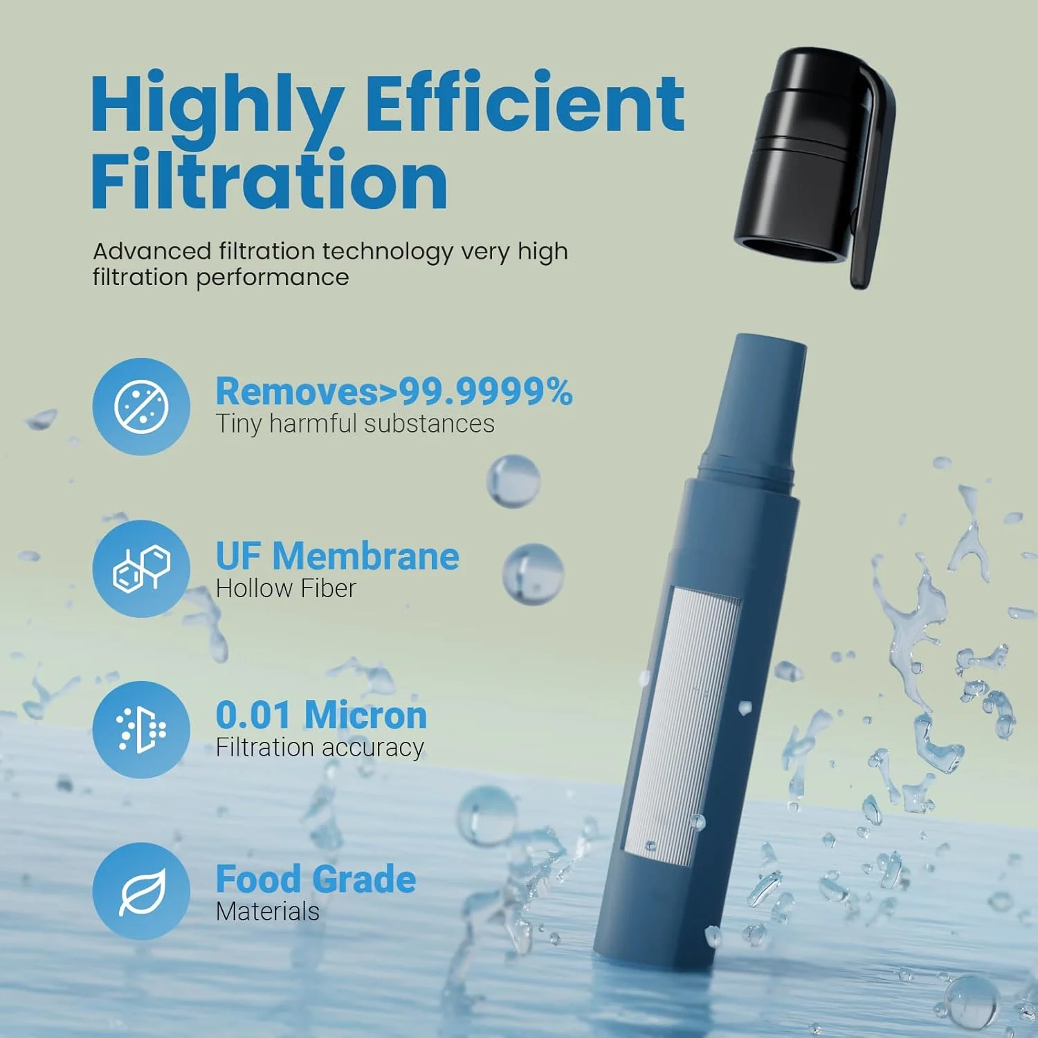 نی تصفیه آب قابل حمل برای بقا، تجهیزات ضروری کمپینگ و پیاده روی، نی تصفیه آب برای مسافرت، دوچرخه سواری و آمادگی در شرایط اضطراری (بسته 4 عددی، 2 آبی + 2 مشکی)