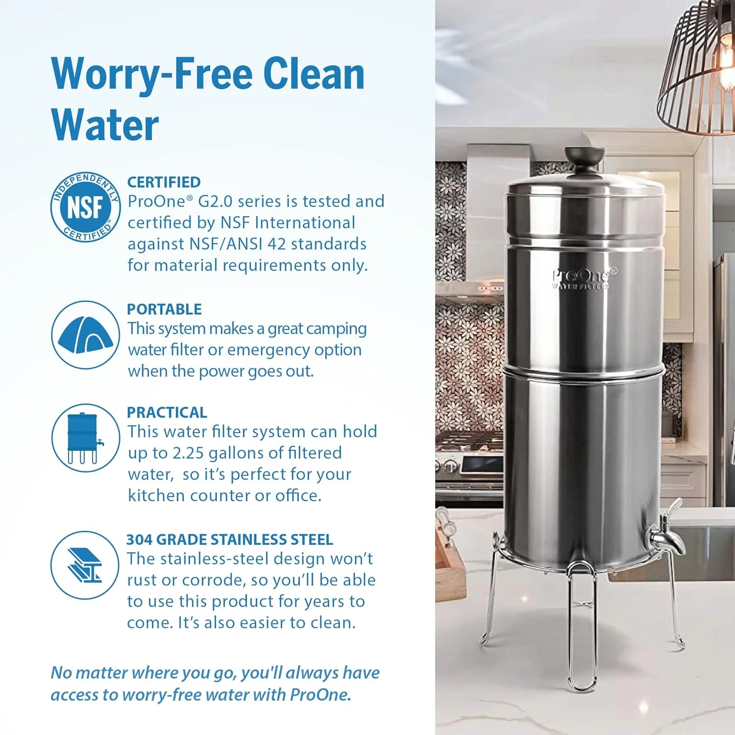 سیستم فیلتر آب جاذبه ای رومیزی ProOne Traveler+ استیل ضد زنگ براق با فیلتر 5 اینچی و پایه سیمی - حذف فلوراید سرب کلر میکروپلاستیک