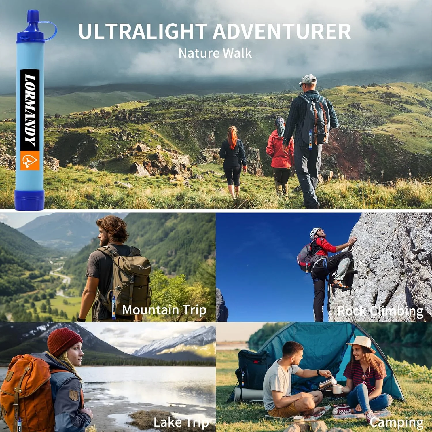 فیلتر آب قابل حمل، سیستم تصفیه آب نی کوچک شخصی در فضای باز، تجهیزات بقا اضطراری برای لوازم جانبی کمپینگ پیاده روی مسافرت ماهیگیری آمادگی اضطراری (آبی)