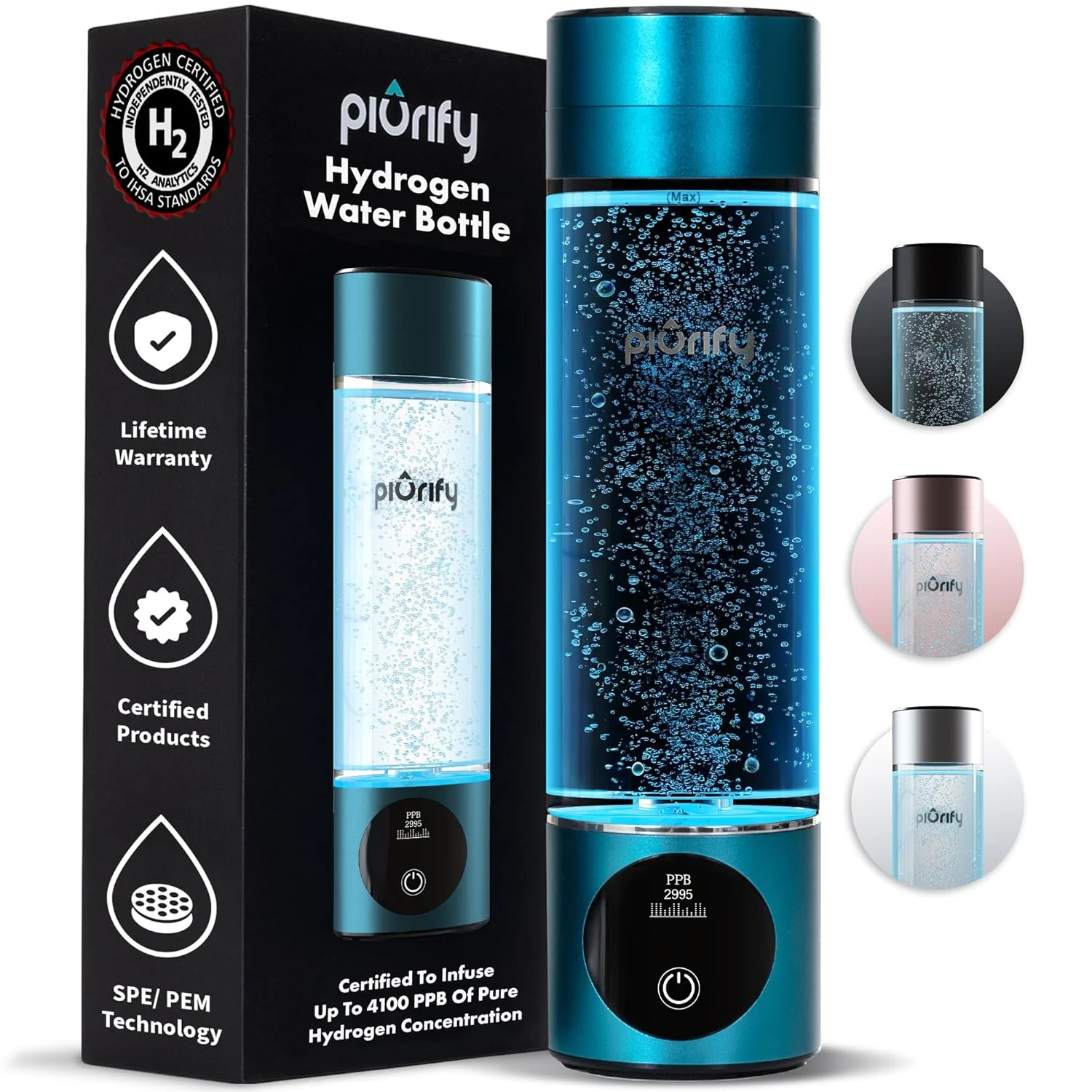 بطری آب هیدروژنه PIURIFY - فیروزه ای. بدنه درجه مواد غذایی؛ فناوری SPE/pem، تولید کننده غلظت واقعی 3000ppb هیدروژن خالص. غشای Dupont، دریچه تصفیه، نمایشگر OLED.