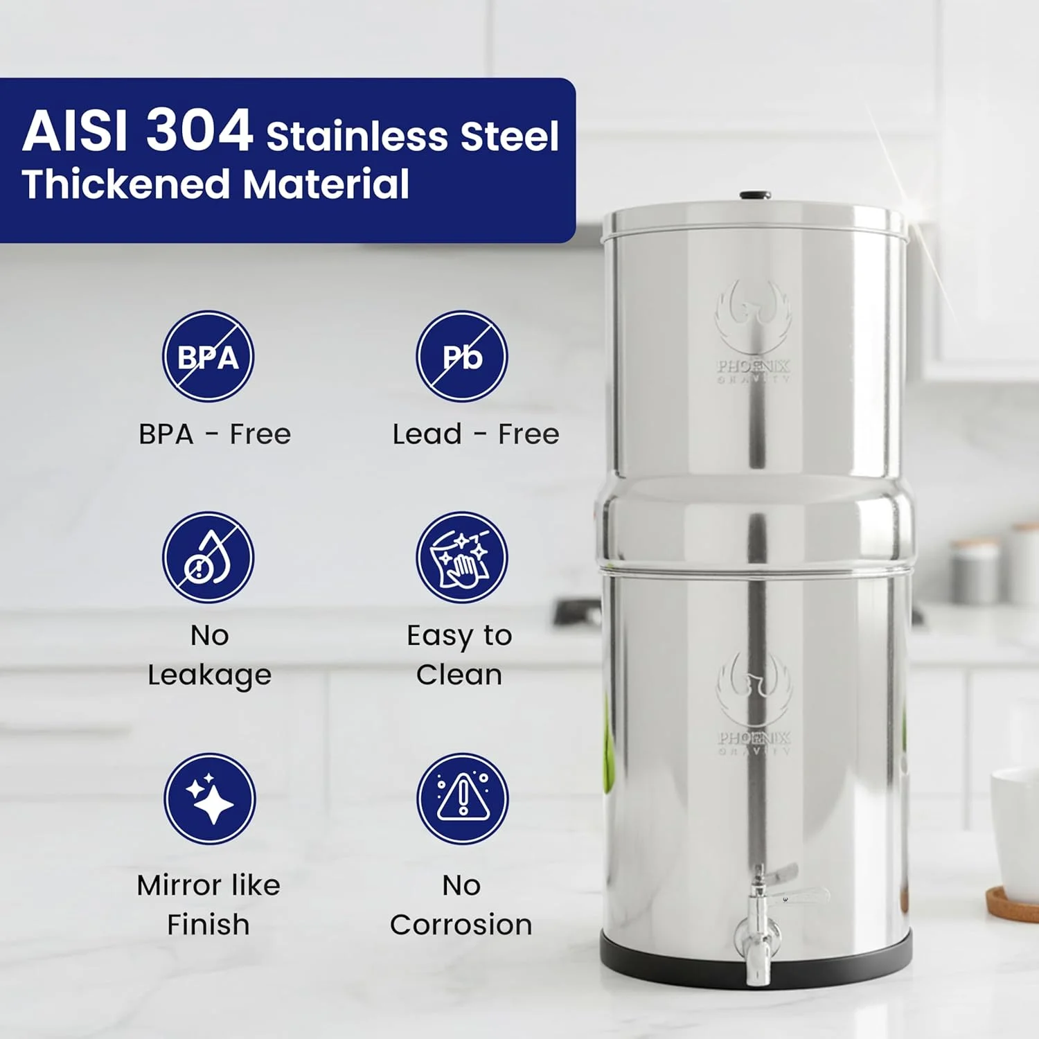 فیلتر و تصفیه کننده آب آشامیدنی استیل فونیکس Gravity 8L با دو کارتریج فیلتر کربن فونیکس و شیر استیل