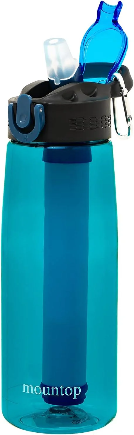 بطری فیلتر آب قابل حمل Mountop - بطری اضطراری تصفیه آب با نی فیلتر یکپارچه 2 مرحله ای برای پیاده روی، کوله گردی و مسافرت، بدون BPA، 650 میلی لیتر، فیروزه ای