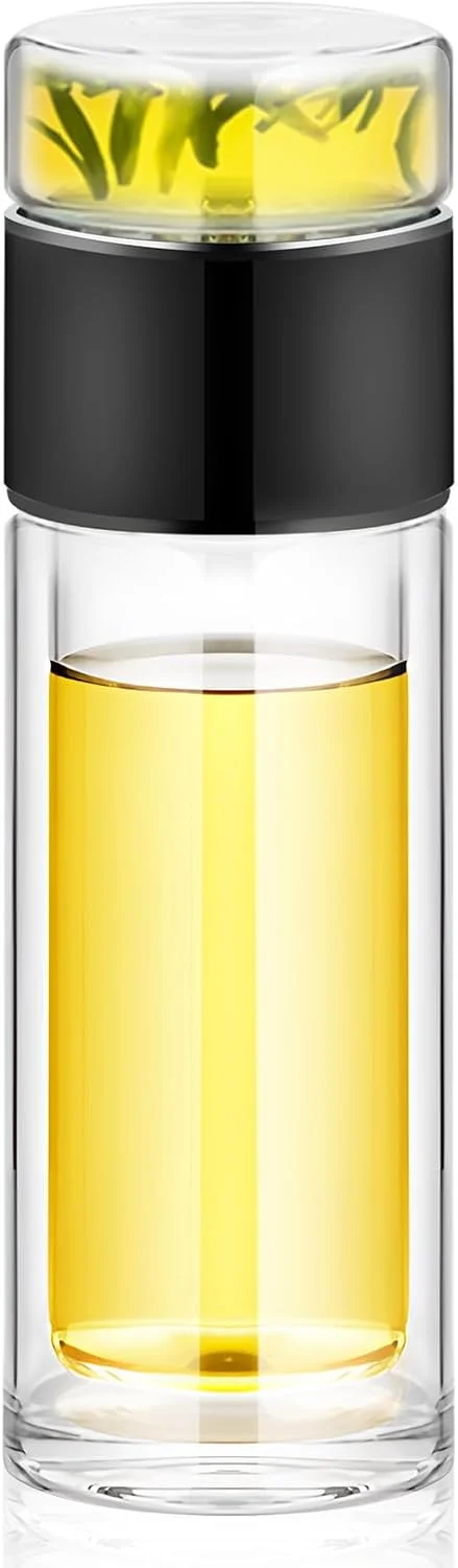 بطری چای Mesen، بطری دمنوش ساز 460 میلی لیتری، ماگ مسافرتی شیشه ای با فیلتر چای استیل ضد زنگ، بطری شیشه ای دو جداره جداکننده آب چای قابل حمل
