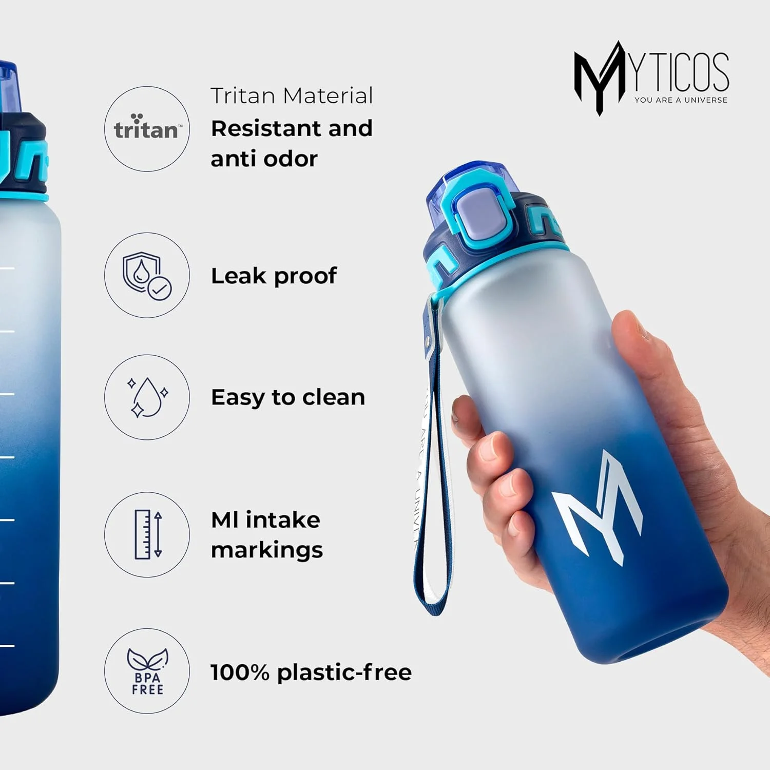 بطری آب ورزشی 800 میلی لیتری MYTICOS با نی جداشدنی و شیکر فیلتر - ضد نشت و مقاوم در برابر شکستگی، ساخته شده از مواد تریتان بادوام - آبی بطری آب ورزشی 800 میلی لیتری MYTICOS با نی جداشدنی و شیکر فیلتر - ضد نشت و مقاوم در برابر شکستگی، ساخته شده از مواد تریتان بادوام - آبی