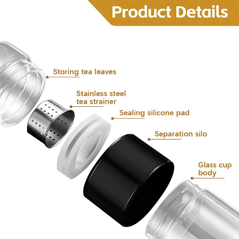 بطری چای Mesen، بطری دمنوش ساز 460 میلی لیتری، ماگ مسافرتی شیشه ای با فیلتر چای استیل ضد زنگ، بطری شیشه ای دو جداره جداکننده آب چای قابل حمل