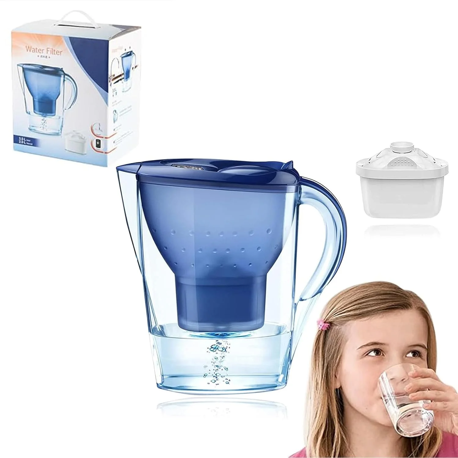 پارچ تصفیه آب LYLYMYKHH با ظرفیت 3.5 لیتر به همراه فیلترهای تصفیه آب، پارچ تصفیه آب معدنی سالم و خالص، کتری تصفیه آب بدون BPA، بطری تصفیه آب خانگی (آبی)